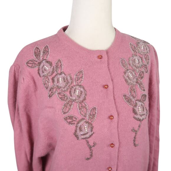 Vintage 80s Ladies' Guide Rose Pink Wool Blend Beaded Cardigan Sweater L - Picture 2 of 7